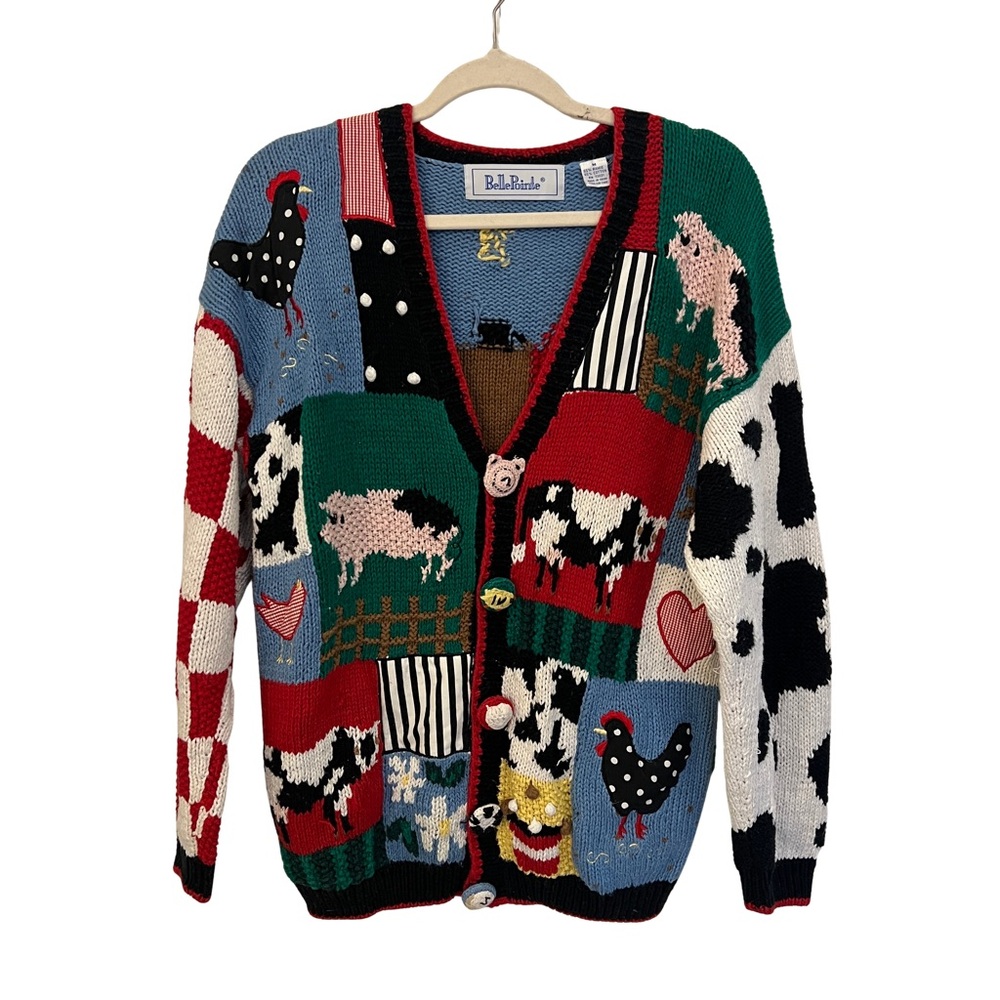 Colorful Belle Pointe Farm-Themed Cardigan Sweater